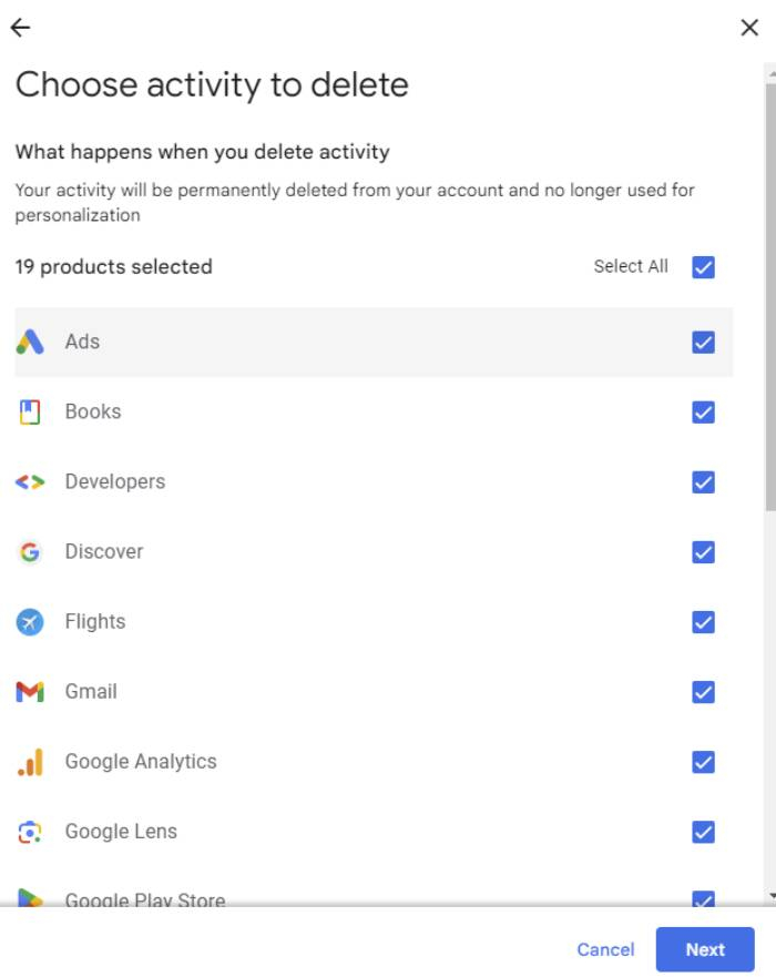 A screenshot of Google's choose activity to delete manual feature