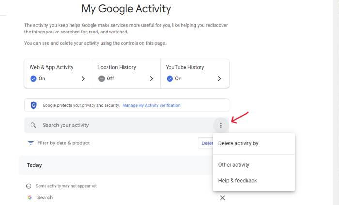  A screenshot of Google's Delete activity by function