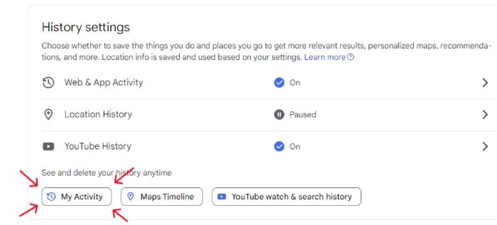 A screenshot of Google's History settings and My Activity button