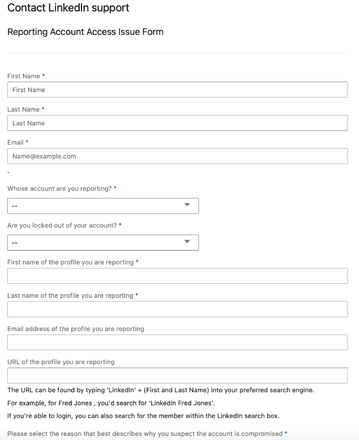 LinkedIn form for reporting account access issues.