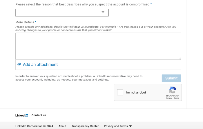 Second part of LinkedIn form for reporting account access issues.