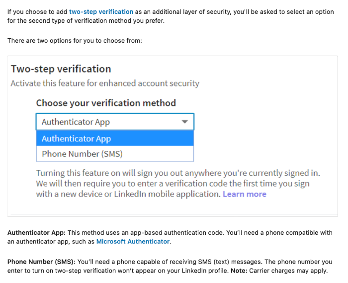 LinkedIn options for setting up two-step verification.