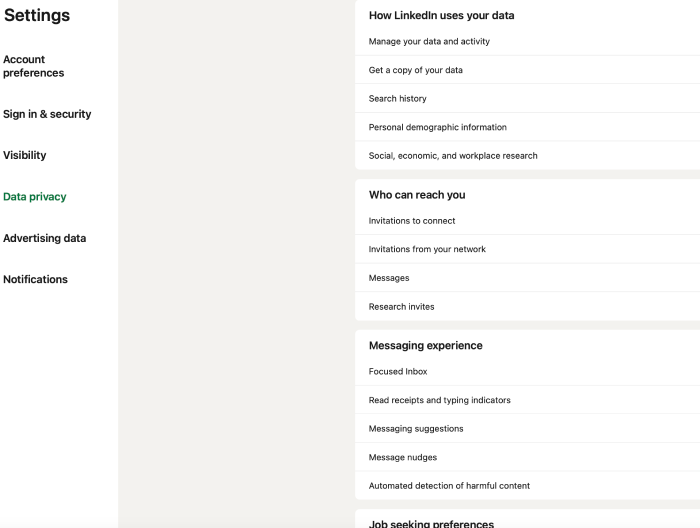 LinkedIn data privacy settings. 