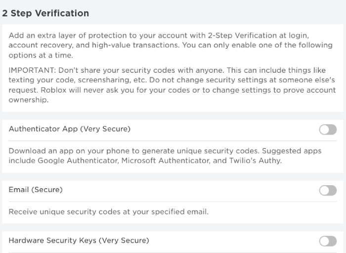 Roblox 2 step verification
