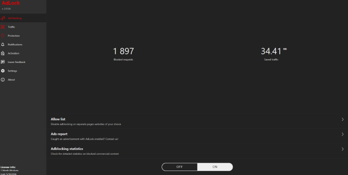 AdLock Ad blocking tab with statistics and settings. 