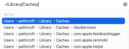 Window on a Mac searching for Library/Caches.