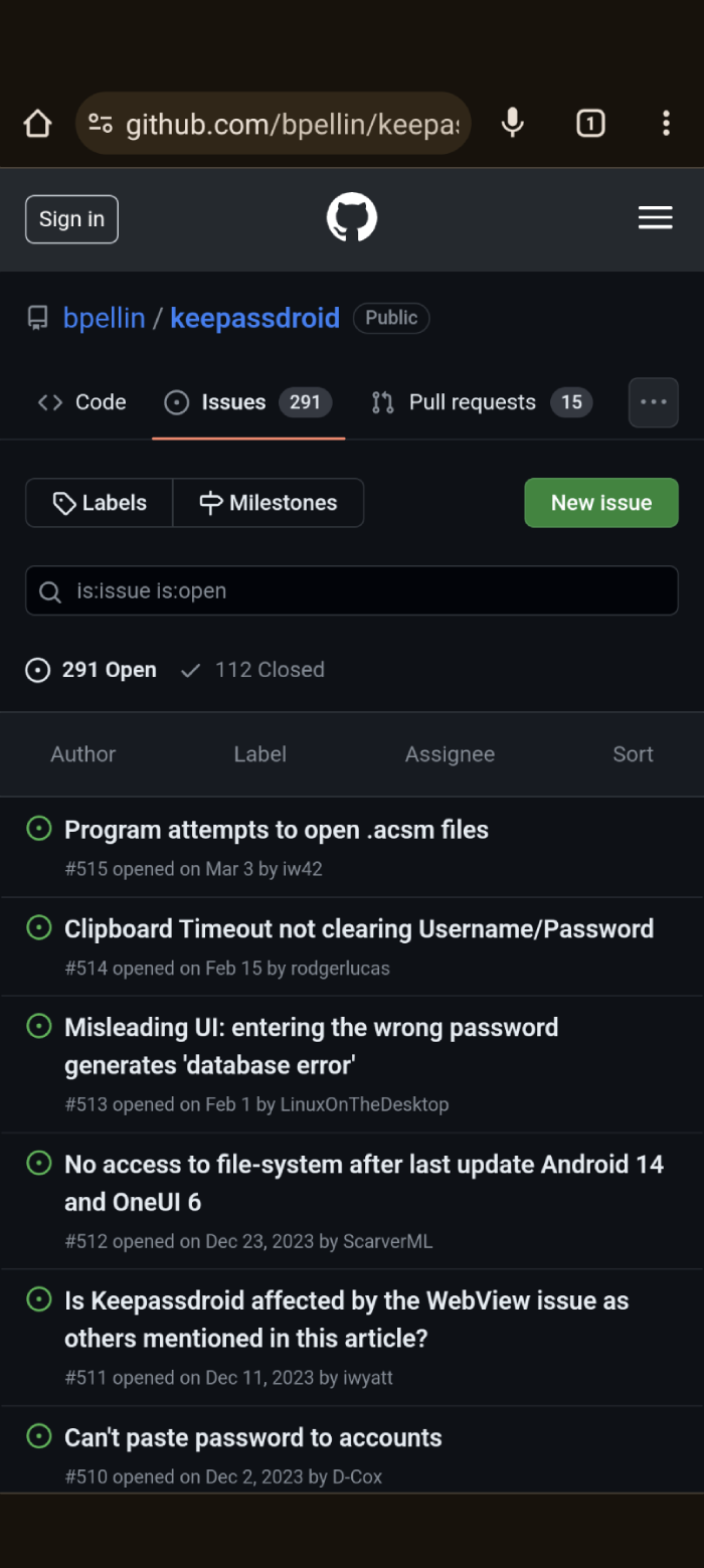 KeePassDroid Github Issue Reports