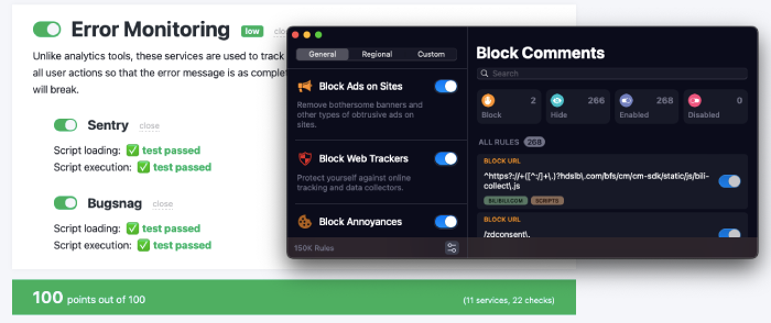 AdBlock Tester test results with 1Blocker open in the foreground.