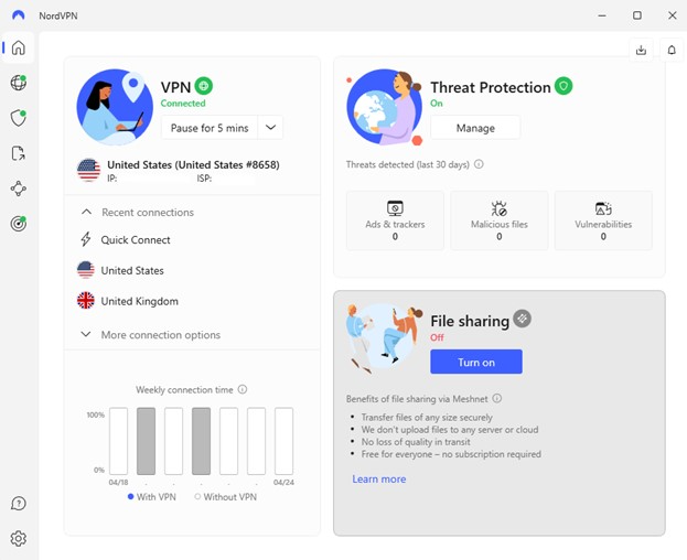 NordVPN Threat Protection desktop app dashboard