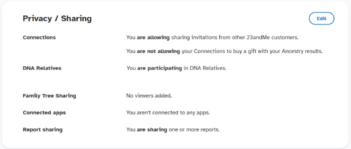 23andMe in-app privacy and sharing settings