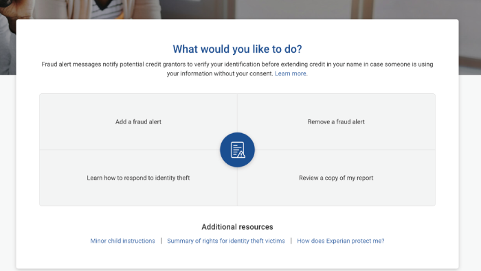 The Experian fraud alert portal