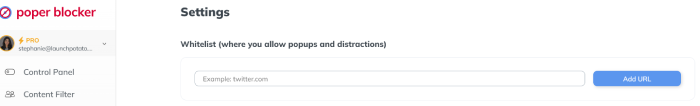 Poper Blocker whitelisting in settings tab.