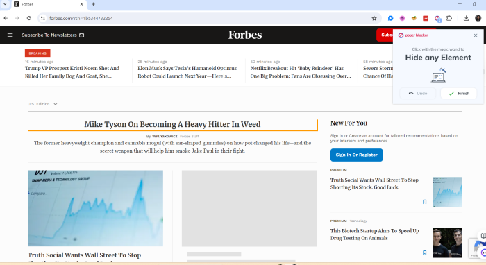 The Forbes homepage after Poper Blocker removed the main article image.