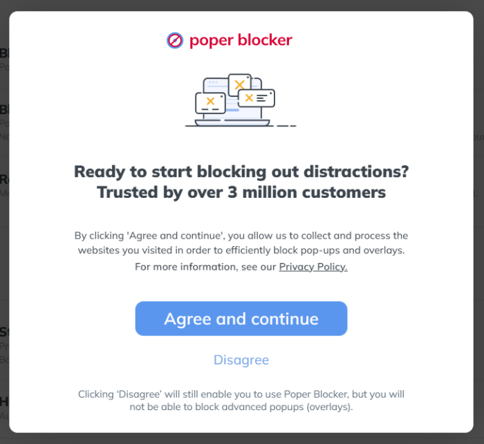 Poper Blocker privacy policy agreement pop-up.