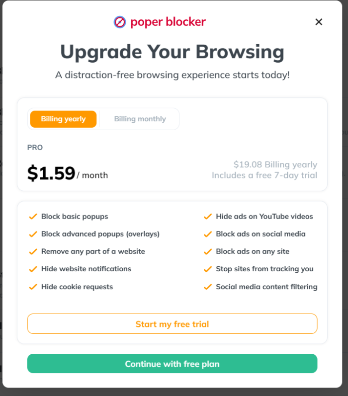 Poper Blocker pop-up prompting you to sign up for a free trial for the Pro plan.