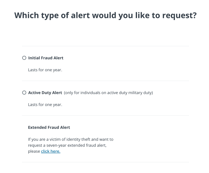 Select alert type to place a fraud alert