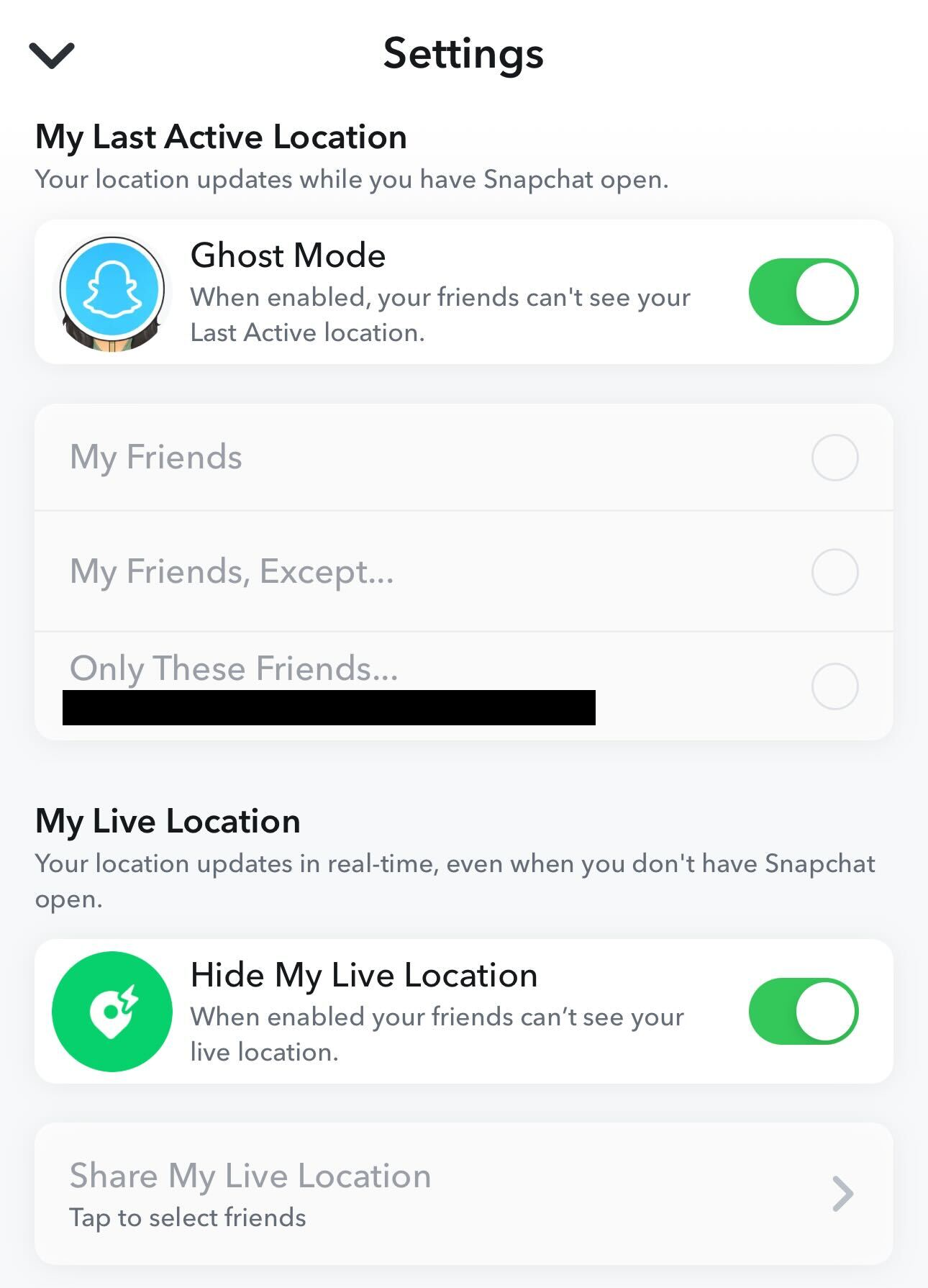 The Snapchat location settings page.