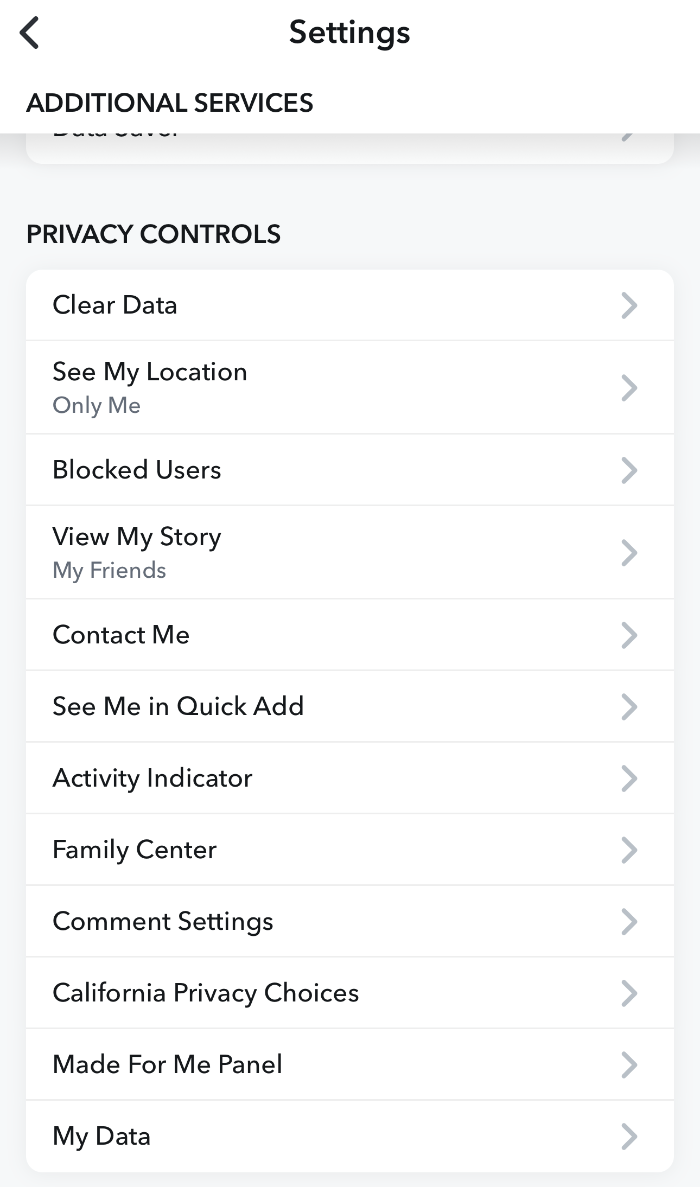 The Snapchat settings page.