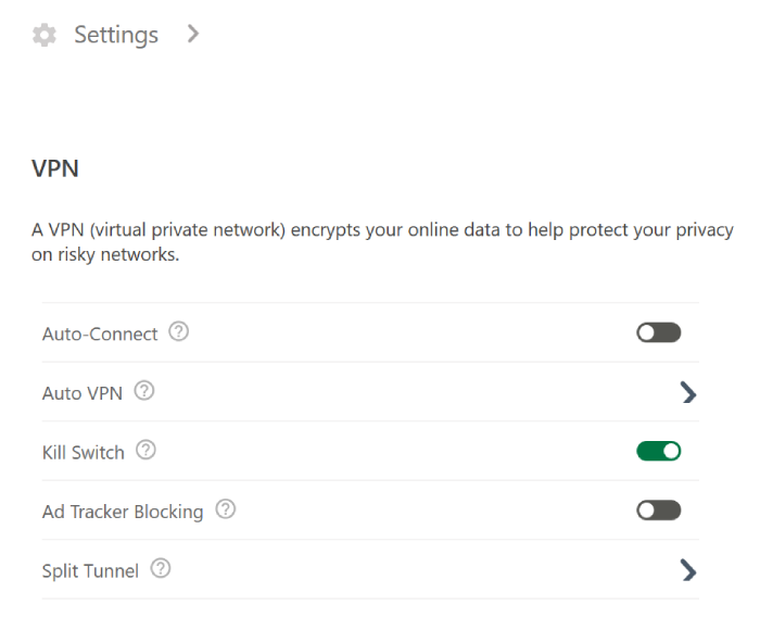Norton VPN Settings Menu