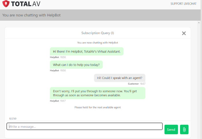Conversation with TotalAV chatbot.