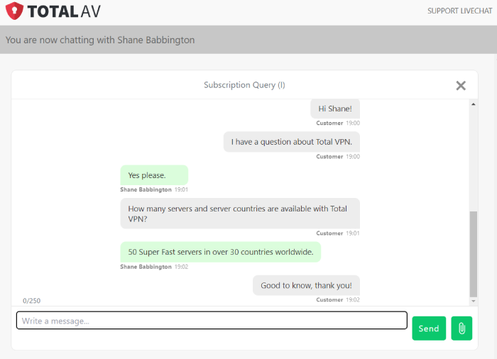 Live chat with TotalAV support team.