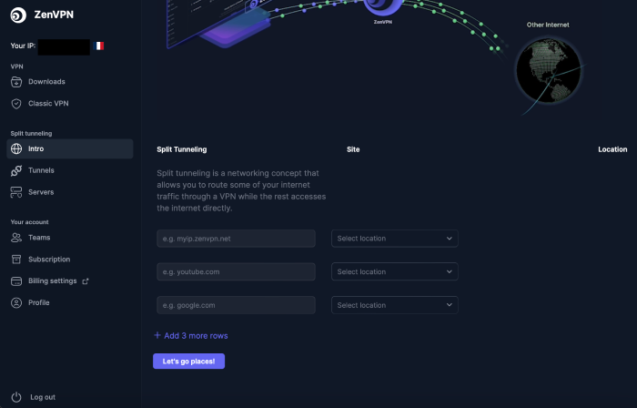 ZenVPN dashboard open to split tunneling settings.