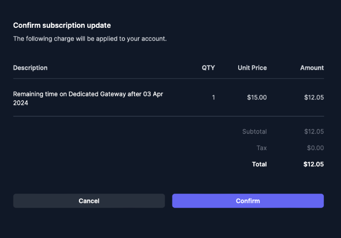 An invoice from ZenVPN to buy a dedicated gateway.