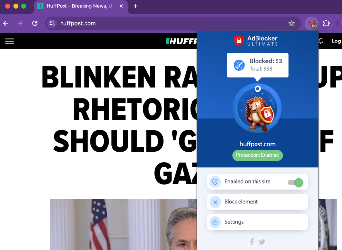 AdBlocker Ultimate was automatically enabled and instantly blocked ads when we visited HuffPost.