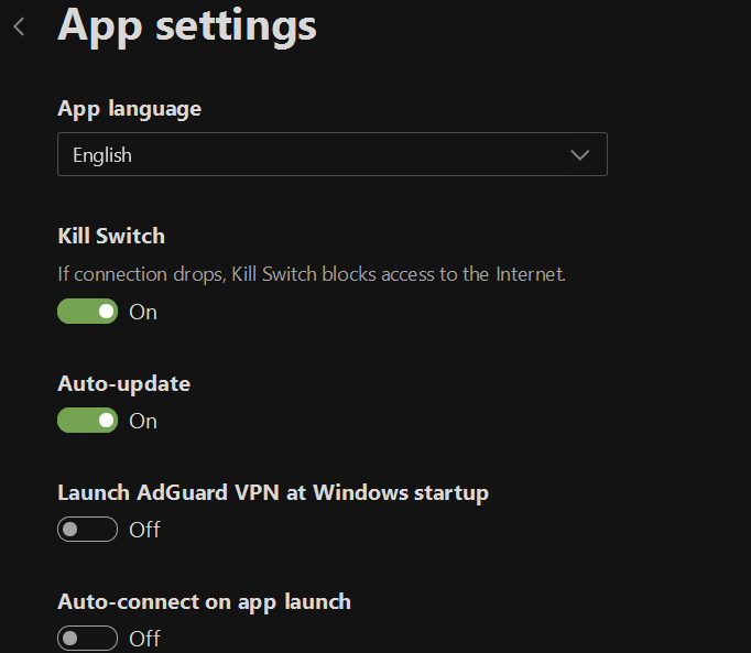 AdGuard VPN's app settings with the kill switch enabled. 