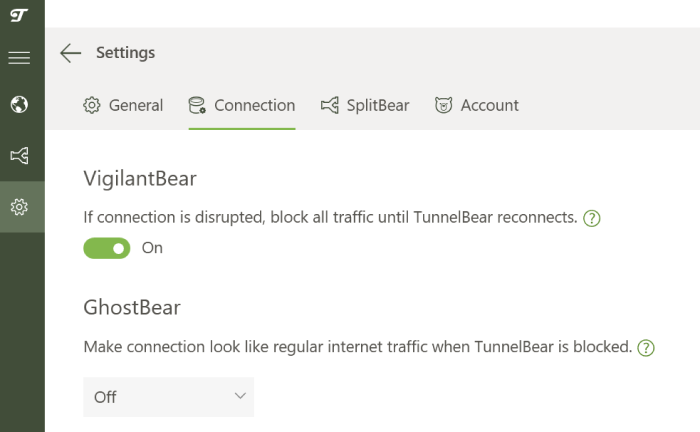 TunnelBear's kill switch in settings