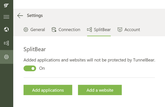 TunnelBear's split tunneling settings