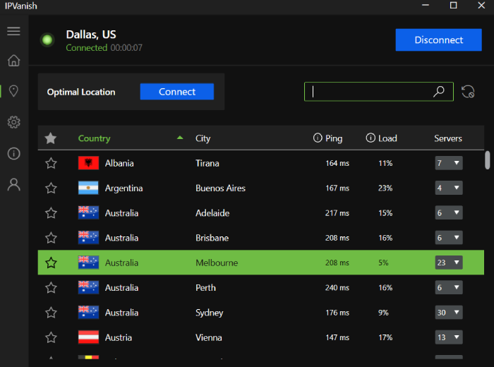 IPVanish dashboard open on the server list tab.