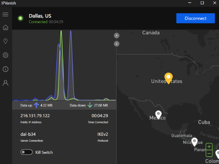 IPVanish main dashboard page.