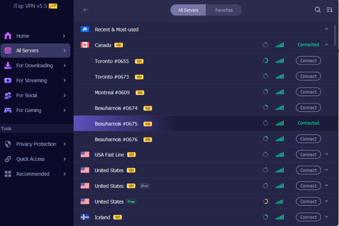 iTop VPN server list