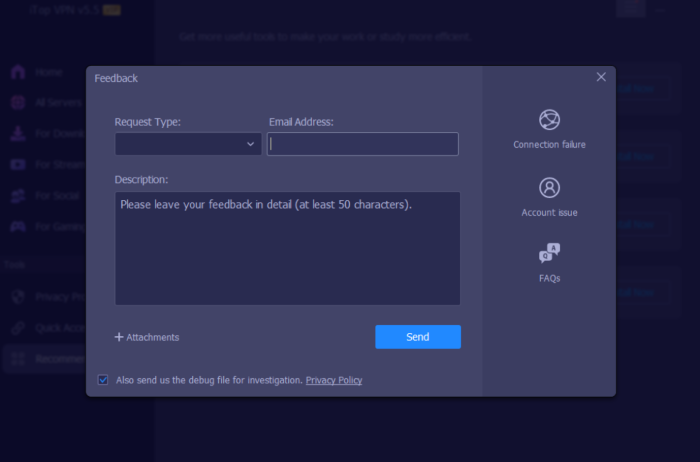 iTop VPN's in-app feedback form
