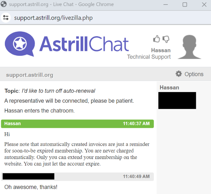 Astrill VPN's customer service live chat