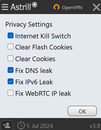 Astrill VPN privacy settings