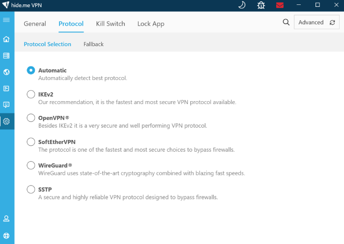 hide.me VPN protocol options