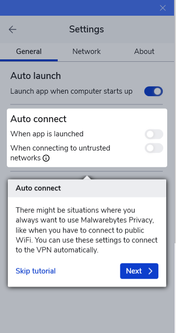 Malwarebytes Privacy VPN tutorial explaining the auto-connect feature