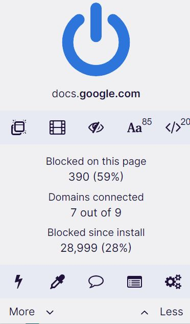 uBlock screen showing the number of blocked ads on the page and blocked ads since install.