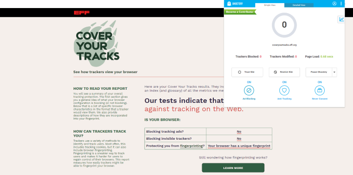 Ghostery's cover your tracks score.