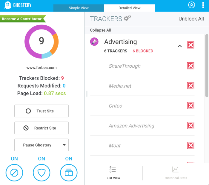 Ghostery's detailed view page. 