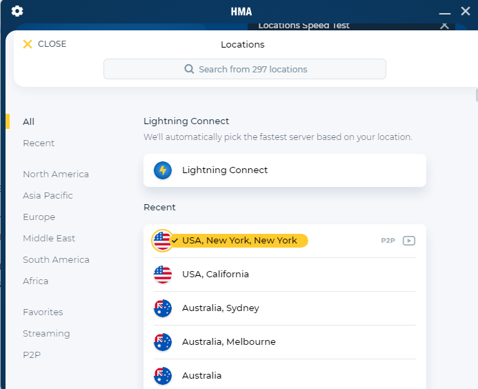HMA VPN open to list of server locations.