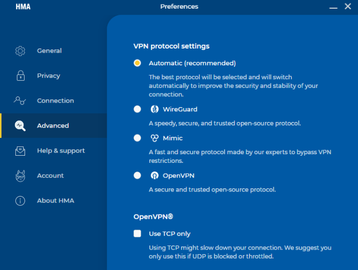 HMA VPN open to the advanced preferences tab.