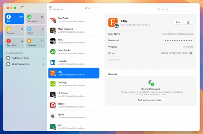 Main Passwords app dashboard shared by Apple at the 2024 WWDC 