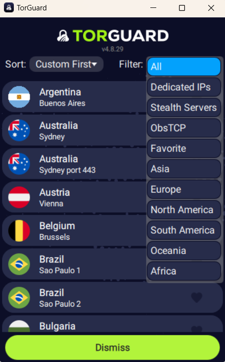 TorGuard VPN open to list of servers along with filters.