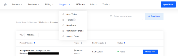 TorGuard website dashboard with support drop-down open.
