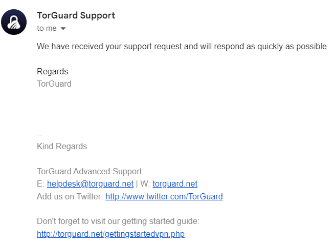 Automated email response from TorGuard customer support.