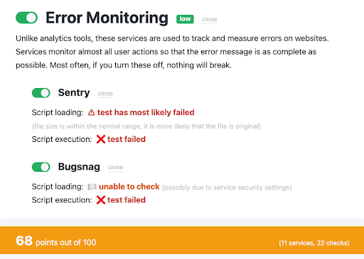 Trustnav scored 68/100 on AdBlock Tester