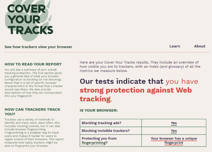 uBlock Origins' cover your tracks score.